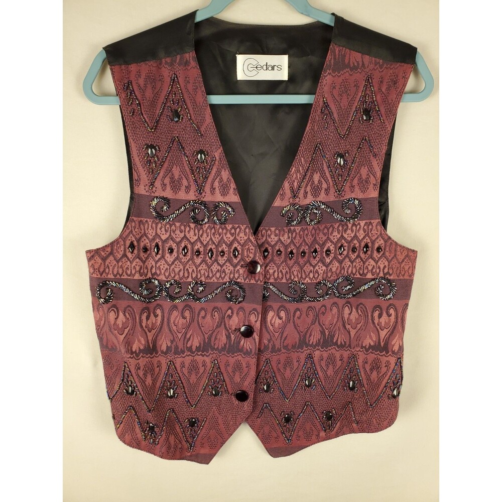 90s Cedars Metalic Vest Maroon Beaded Women’s Sz M USA WESTERN HORSE SHOW